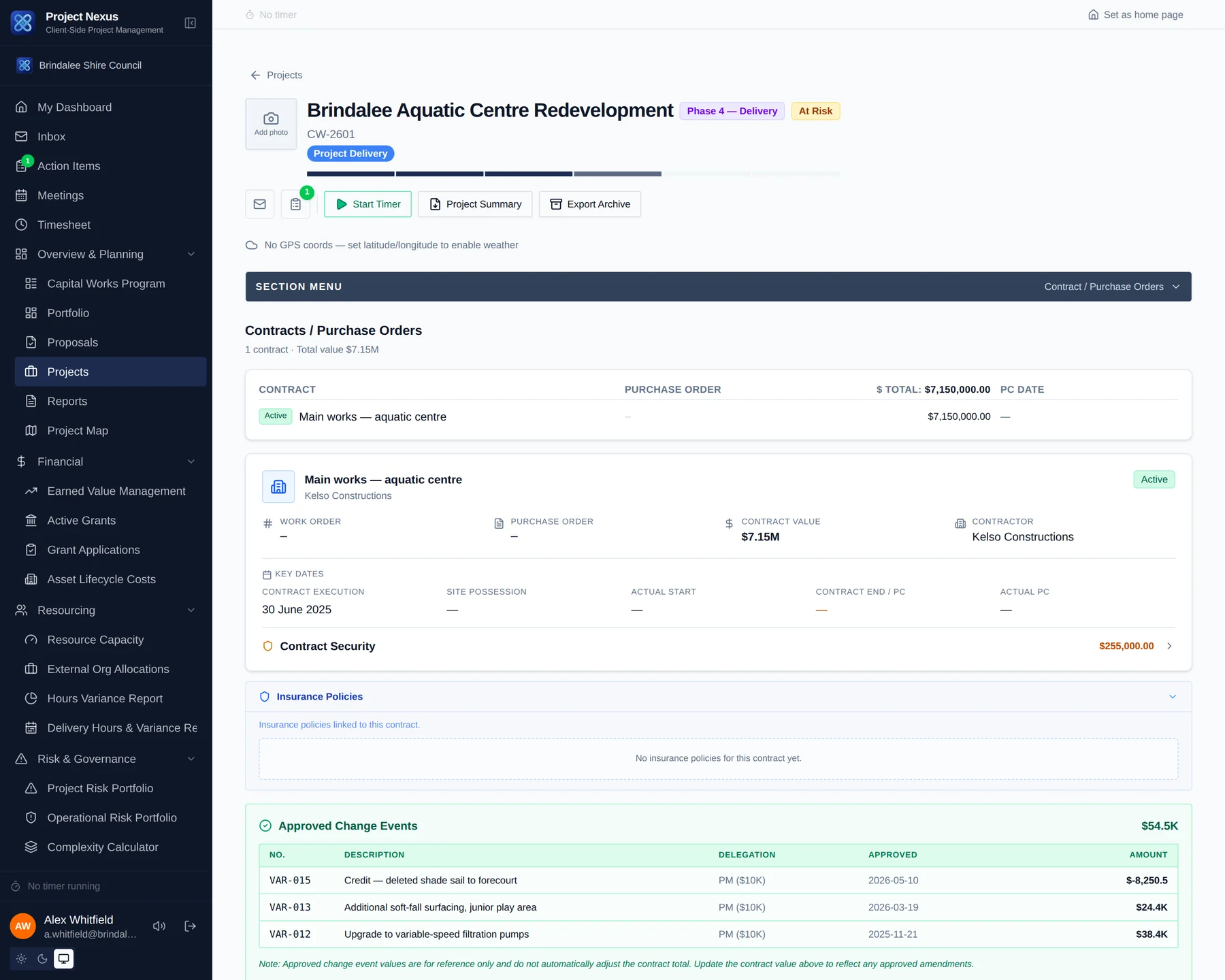 The contracts view for a project showing the principal contractor, contract value and retention