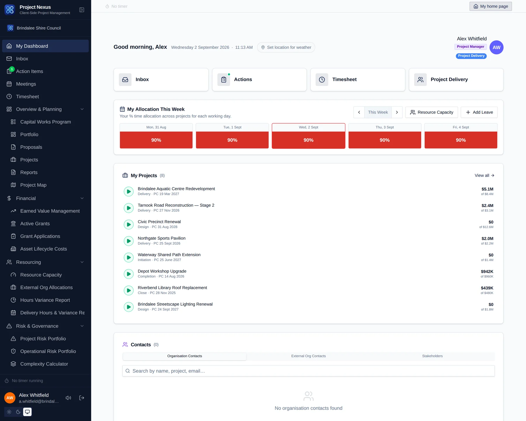 The Project Nexus dashboard listing eight capital works projects with their stage, forecast completion date and spend against budget