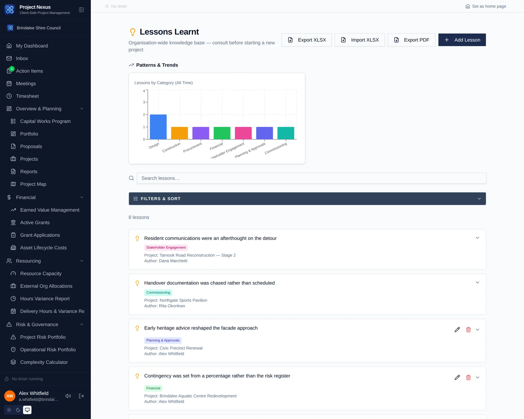 The lessons learnt page with a bar chart of lessons by category and a list of lessons, each tagged with its category and source project