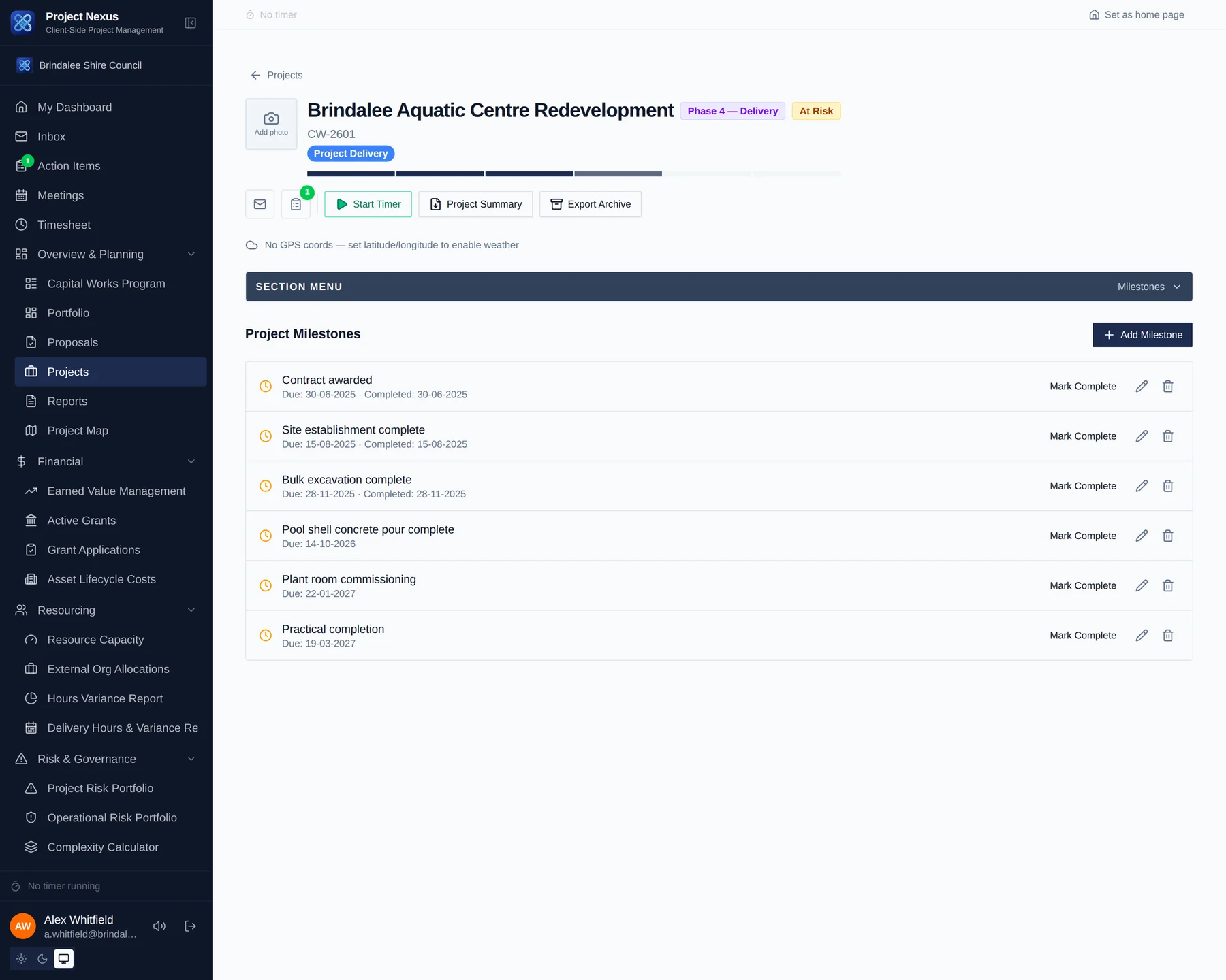 A project milestone list showing planned dates and completion status